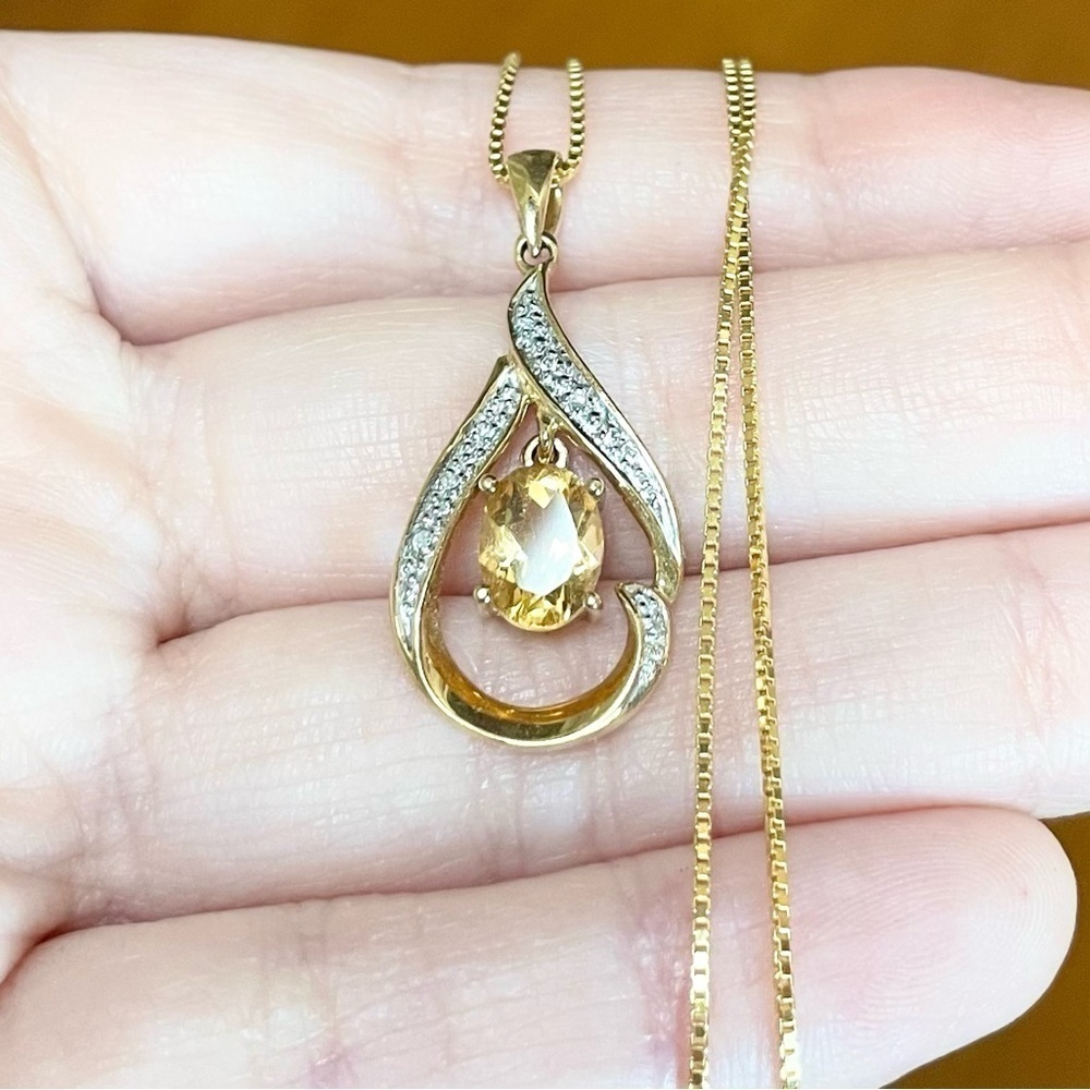 10k citrine diamond filigree yellow orange 8x6mm oval solid yellow gold pendant - Picture 7 of 9